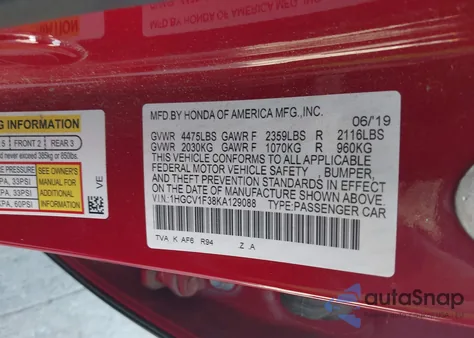 2019 Honda Accord Sport из США, поврежденный, VIN 1HGCV1F38KA129088